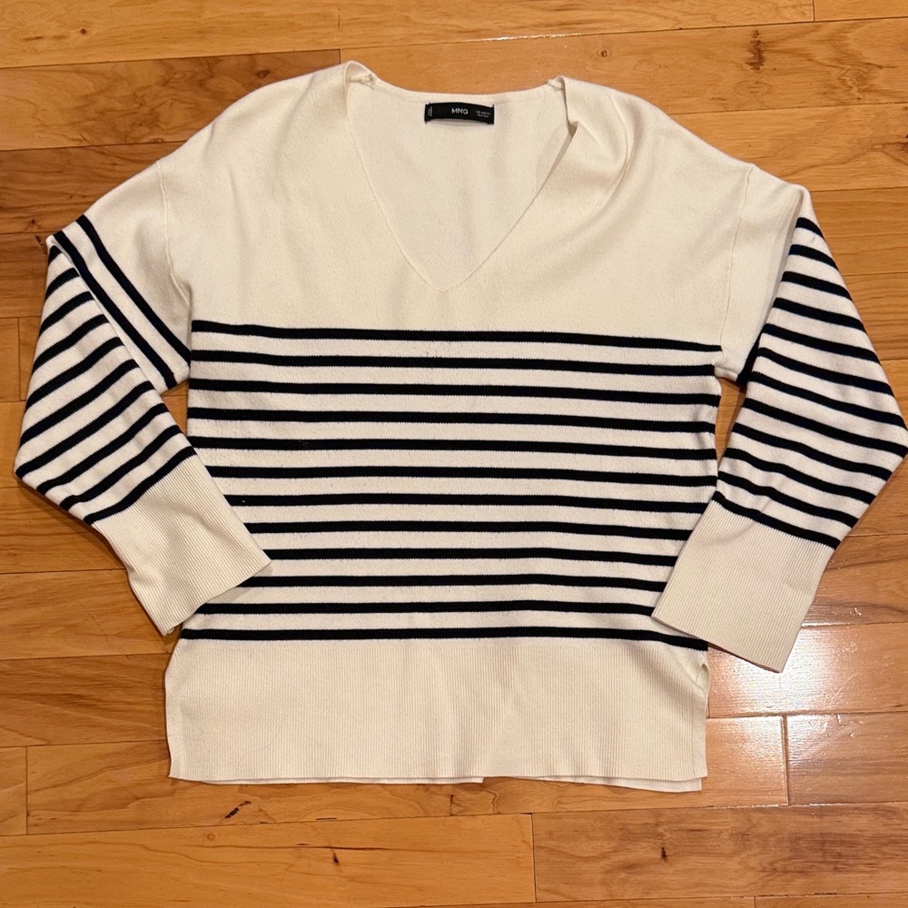Mango Oversized Striped V-Neck Sweater in Cream and Black